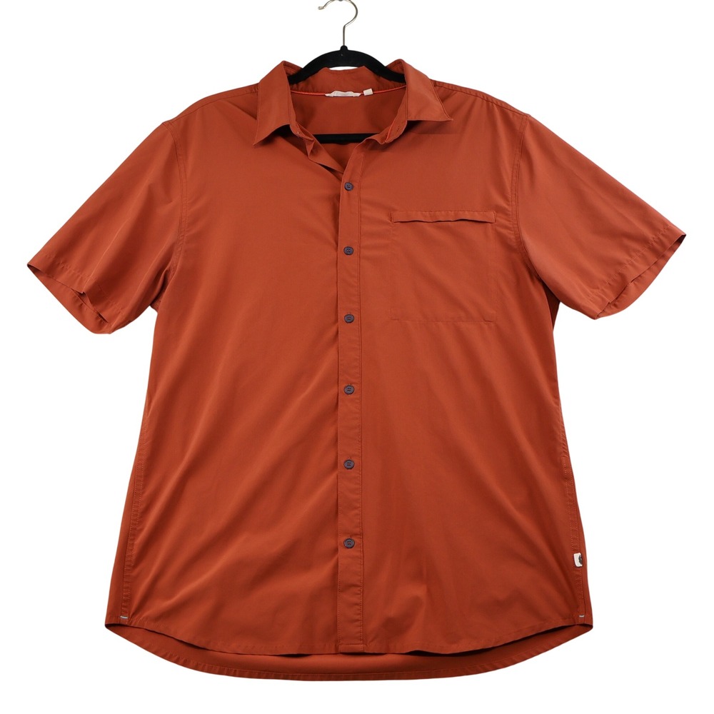 Cotopaxi Mens L Button Down Shirt Orange Short Sleeve Hiking Outdoor Pocket